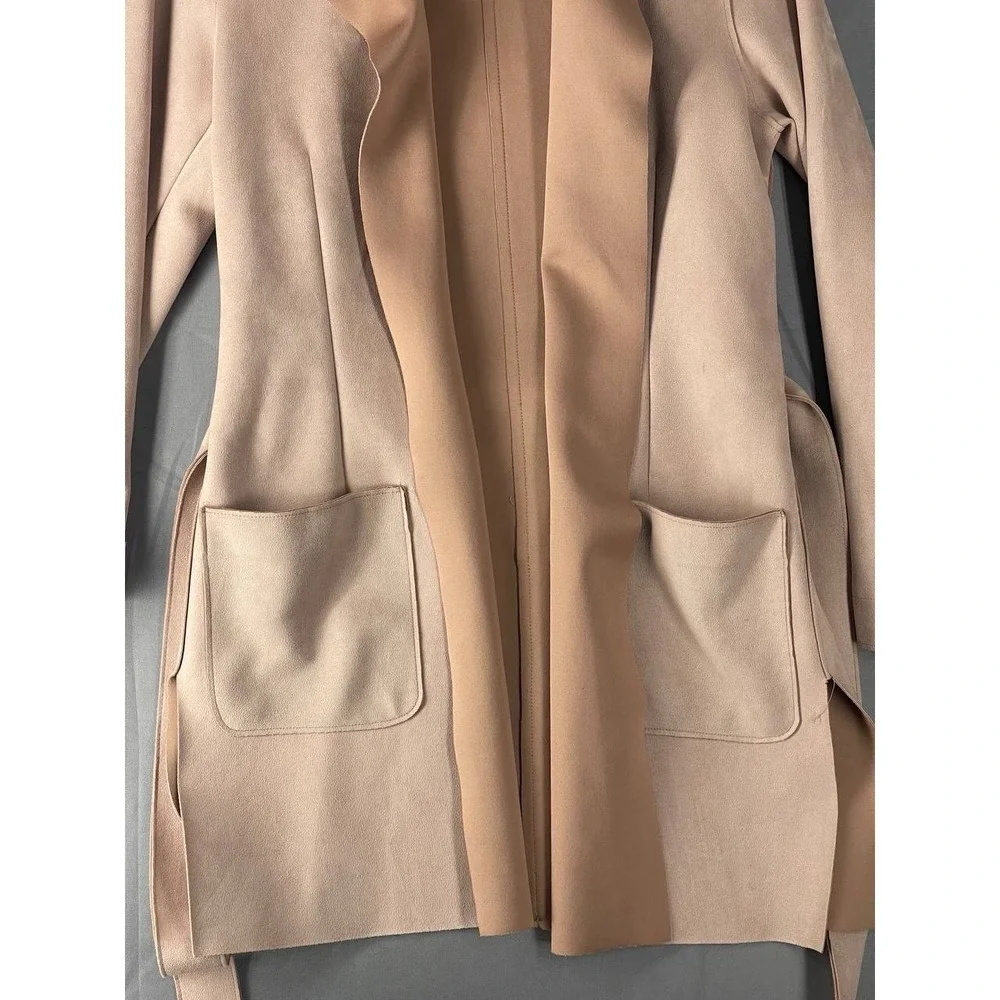 Zara Coat Women's‎ Faux Suede Trench Cream Beige Belted Mid Length Hooded Sz S